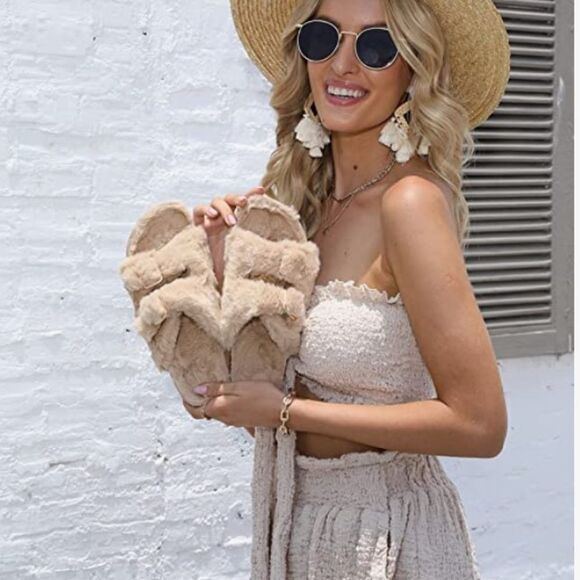 FITORY Womens Open Toe Slipper w/ Cozy Lining,Faux Rabbit Fur Cork Slide leopard - Picture 5 of 9